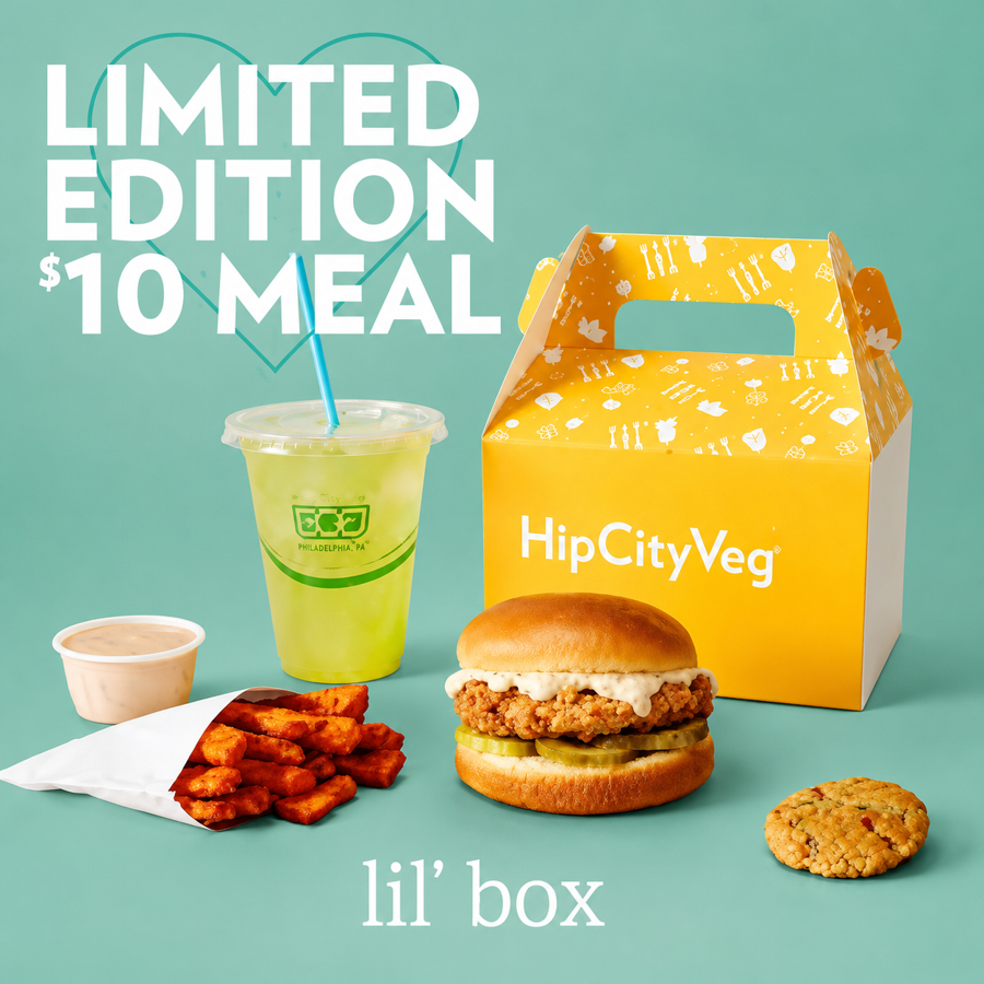 HipCityVeg branded packaging photographed for the limited edition lil’ box meal, with a logoed carry box and cup.