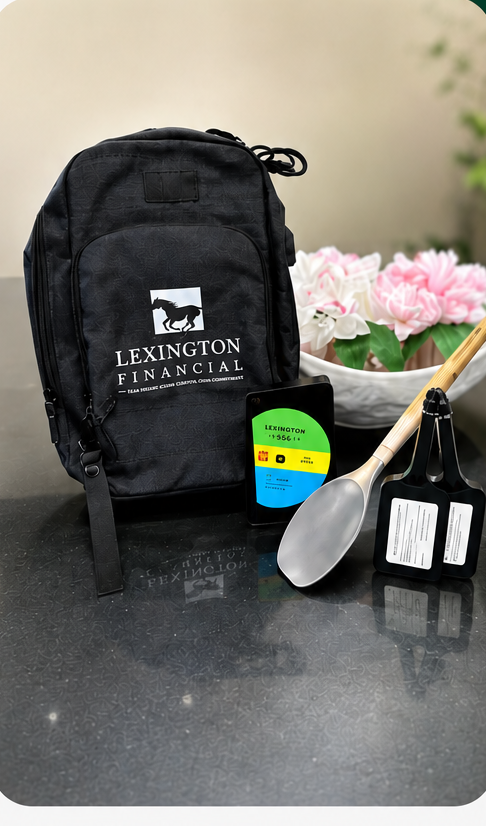 A black Lexington Financial backpack alongside a branded card and two serving pieces with hang tags.