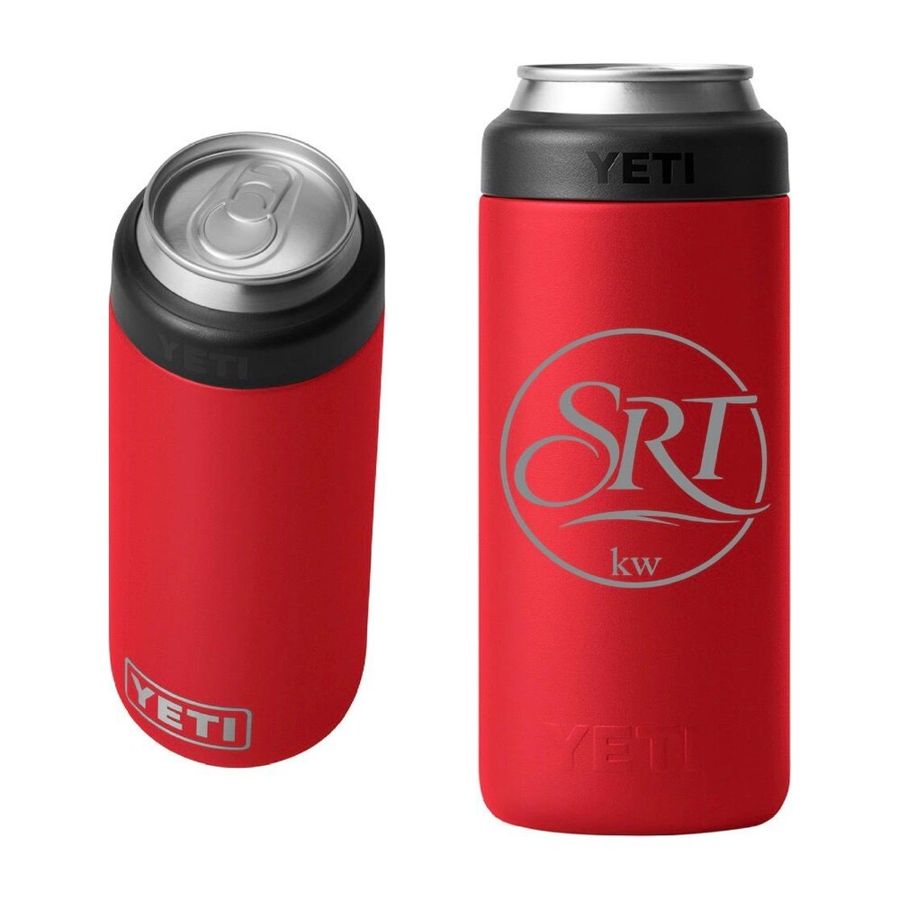A red YETI can cooler laser-etched with The Sean Ryan Team SRT logo, shown beside a second can cooler holding a drink.