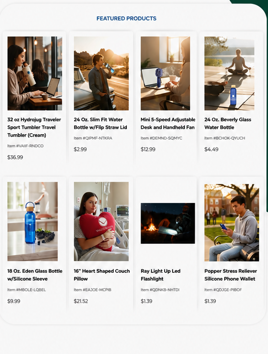 The featured products page of the Valley Health company store, showing drinkware and gifts with item numbers and prices.